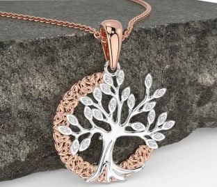 Diamond Rose Gold Silver Celtic Tree of Life Trinity Knot Necklace