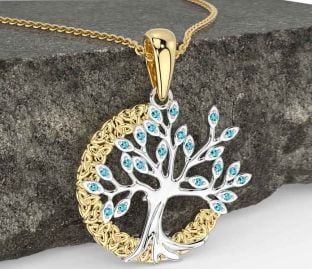 Aquamarine Gold Silver Celtic Tree of Life Trinity Knot Necklace