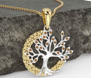 Citrin Guld Silver Keltiskt Träd av Liv Treenighet Knut Halsband