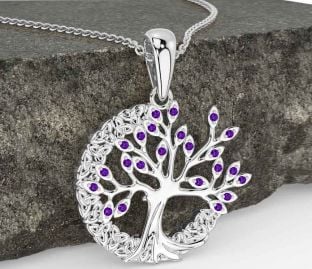 Amethyst White Gold Celtic Tree of Life Trinity Knot Necklace