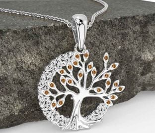 Citrine White Gold Celtic Tree of Life Trinity Knot Necklace