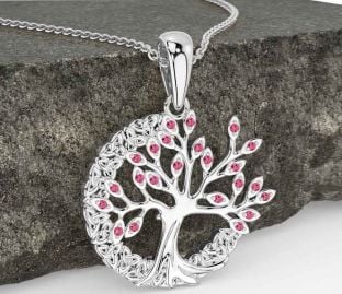 Pink Tourmaline White Gold Celtic Tree of Life Trinity Knot Necklace