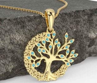 Aquamarine Gold Celtic Tree of Life Trinity Knot Necklace