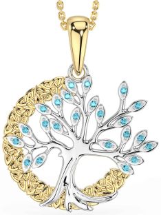 Aquamarine White Yellow Gold Celtic Tree of Life Trinity Knot Necklace