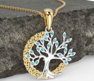 Aquamarine White Yellow Gold Celtic Tree of Life Trinity Knot Necklace