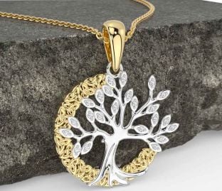 Diamond White Yellow Gold Celtic Tree of Life Trinity Knot Necklace