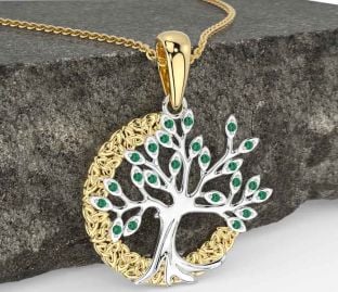 Emerald White Yellow Gold Celtic Tree of Life Trinity Knot Necklace