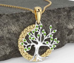 Peridot White Yellow Gold Celtic Tree of Life Trinity Knot Necklace
