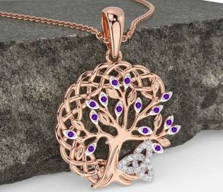 Diamond Amethyst Rose Gold Silver Celtic Trinity Knot Tree of Life Necklace