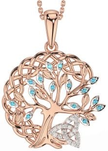 Diamond Aquamarine Rose Gold Silver Celtic Trinity Knot Tree of Life Necklace