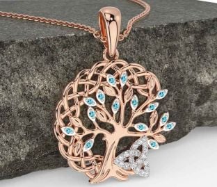 Diamond Aquamarine Rose Gold Silver Celtic Trinity Knot Tree of Life Necklace