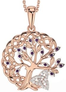 Diamond Alexandrite Rose Gold Silver Celtic Trinity Knot Tree of Life Necklace