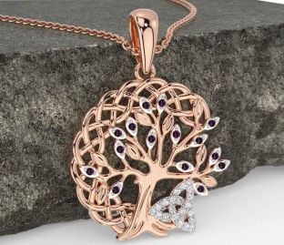 Diamond Alexandrite Rose Gold Silver Celtic Trinity Knot Tree of Life Necklace