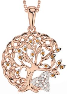 Diamond Citrine Rose Gold Silver Celtic Trinity Knot Tree of Life Necklace