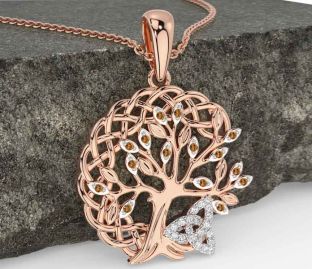 Diamond Citrine Rose Gold Silver Celtic Trinity Knot Tree of Life Necklace