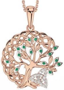 Diamond Emerald Rose Gold Silver Celtic Trinity Knot Tree of Life Necklace