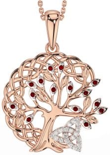 Diamond Garnet Rose Gold Silver Celtic Trinity Knot Tree of Life Necklace