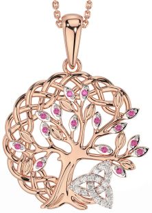 Diamond Pink Tourmaline Rose Gold Silver Celtic Trinity Knot Tree of Life Necklace