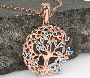 Diamond Topaz Rose Gold Silver Celtic Trinity Knot Tree of Life Necklace