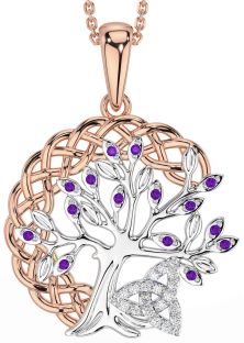 Diamond Amethyst Rose Gold Silver Celtic Trinity Knot Tree of Life Necklace