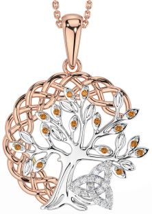 Diamond Citrine Rose Gold Silver Celtic Trinity Knot Tree of Life Necklace