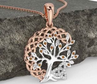 Diamond Citrine Rose Gold Silver Celtic Trinity Knot Tree of Life Necklace