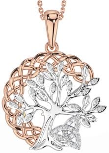 Diamond Rose Gold Silver Celtic Trinity Knot Tree of Life Necklace