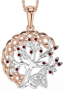 Diamond Garnet Rose Gold Silver Celtic Trinity Knot Tree of Life Necklace