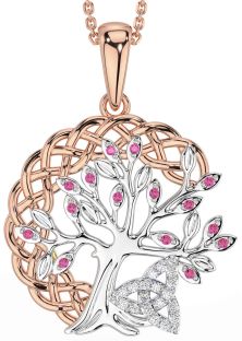 Diamond Pink Tourmaline Rose Gold Silver Celtic Trinity Knot Tree of Life Necklace