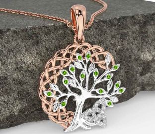 Diamond Peridot Rose Gold Silver Celtic Trinity Knot Tree of Life Necklace