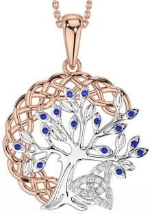 Diamond Sapphire Rose Gold Silver Celtic Trinity Knot Tree of Life Necklace