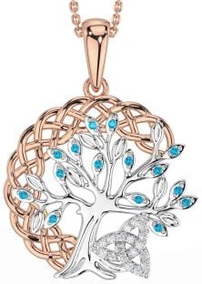 Diamond Topaz Rose Gold Silver Celtic Trinity Knot Tree of Life Necklace