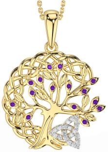 Diamond Amethyst Gold Silver Celtic Trinity Knot Tree of Life Necklace