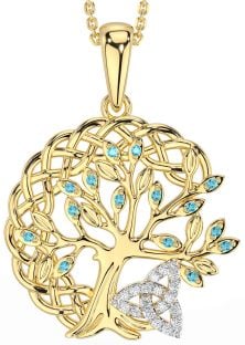 Diamond Aquamarine Gold Silver Celtic Trinity Knot Tree of Life Necklace