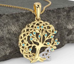 Diamond Aquamarine Gold Silver Celtic Trinity Knot Tree of Life Necklace