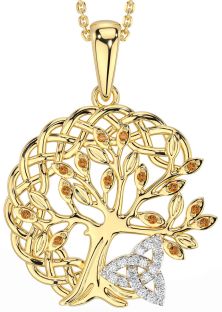 Diamond Citrine Gold Silver Celtic Trinity Knot Tree of Life Necklace