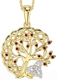 Diamond Garnet Gold Silver Celtic Trinity Knot Tree of Life Necklace