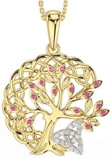 Diamond Pink Tourmaline Gold Silver Celtic Trinity Knot Tree of Life Necklace