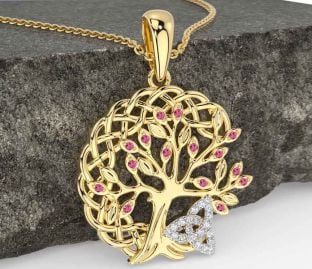 Diamond Pink Tourmaline Gold Silver Celtic Trinity Knot Tree of Life Necklace