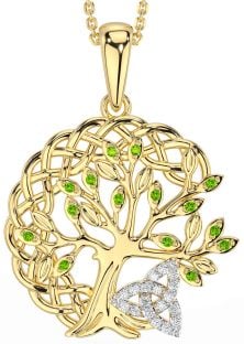 Diamond Peridot Gold Silver Celtic Trinity Knot Tree of Life Necklace