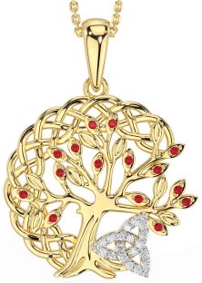 Diamond Ruby Gold Silver Celtic Trinity Knot Tree of Life Necklace