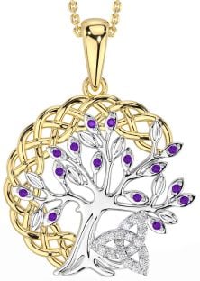 Diamond Amethyst Gold Silver Celtic Trinity Knot Tree of Life Necklace