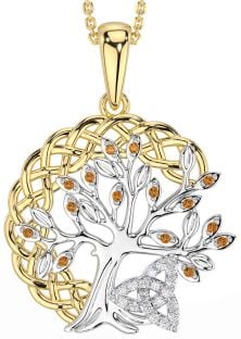 Diamond Citrine Gold Silver Celtic Trinity Knot Tree of Life Necklace