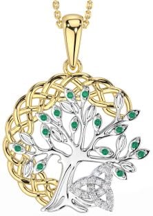 Diamond Emerald Gold Silver Celtic Trinity Knot Tree of Life Necklace