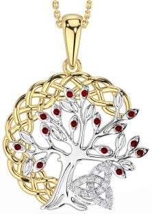 Diamond Garnet Gold Silver Celtic Trinity Knot Tree of Life Necklace