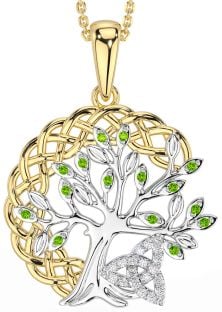 Diamond Peridot Gold Silver Celtic Trinity Knot Tree of Life Necklace