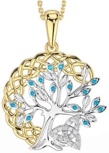 Diamond Topaz Gold Silver Celtic Trinity Knot Tree of Life Necklace