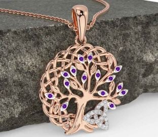 Diamond Amethyst Rose Gold Celtic Trinity Knot Tree of Life Necklace