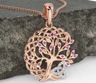 Diamond Pink Tourmaline Rose Gold Celtic Trinity Knot Tree of Life Necklace