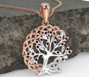 Diamond Garnet White Rose Gold Celtic Trinity Knot Tree of Life Necklace